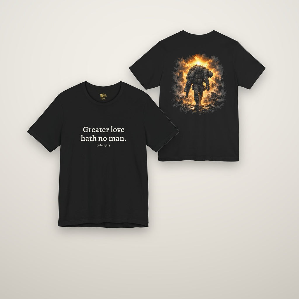 John 15:13 Greater Love tee in black, front and back