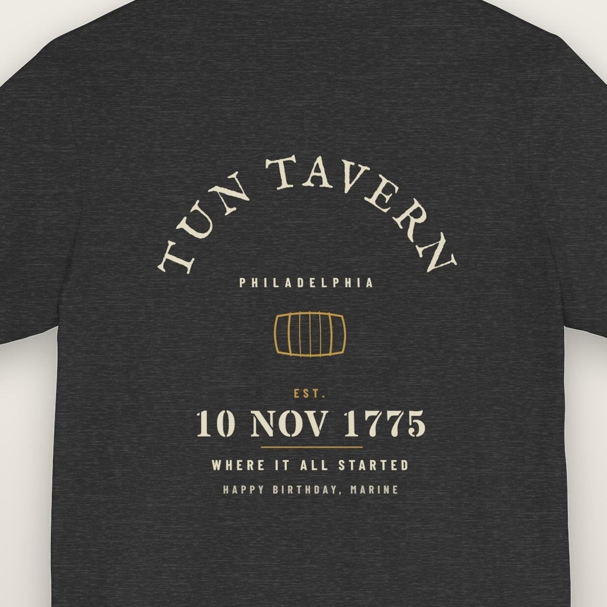 Close-up of the Tun Tavern back print with the barrel sign
