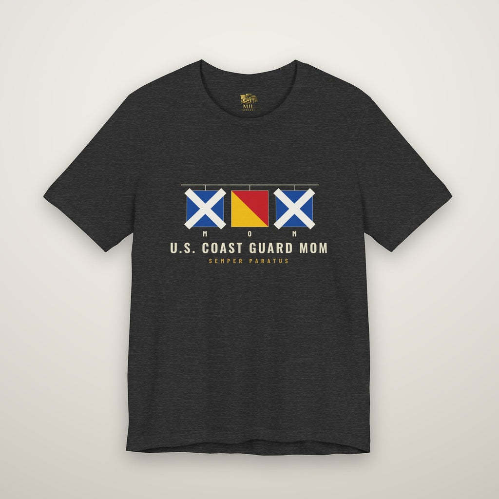 Coast Guard Mom tee with MOM in signal flags, Dark Grey Heather