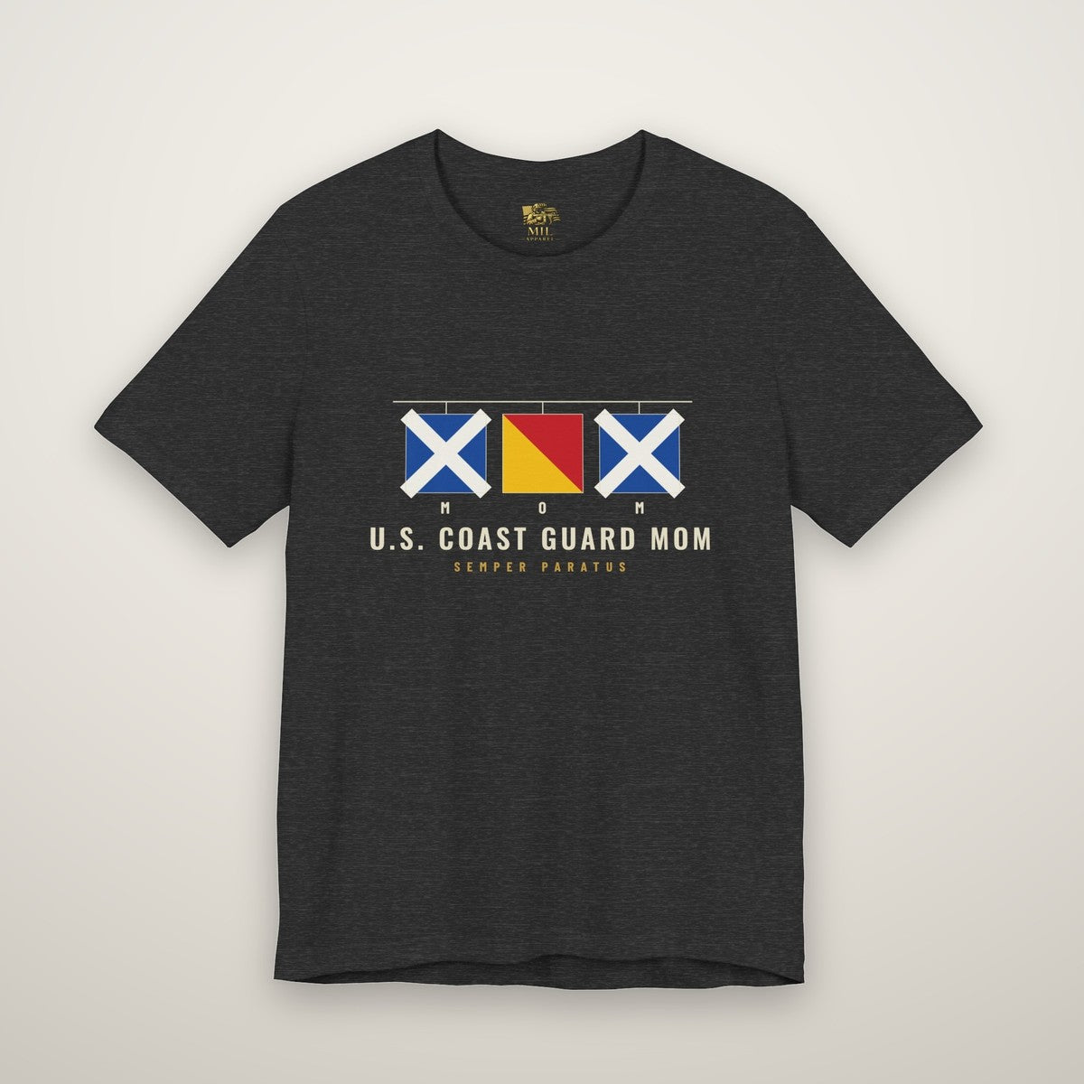 Coast Guard Mom tee with MOM in signal flags, Dark Grey Heather
