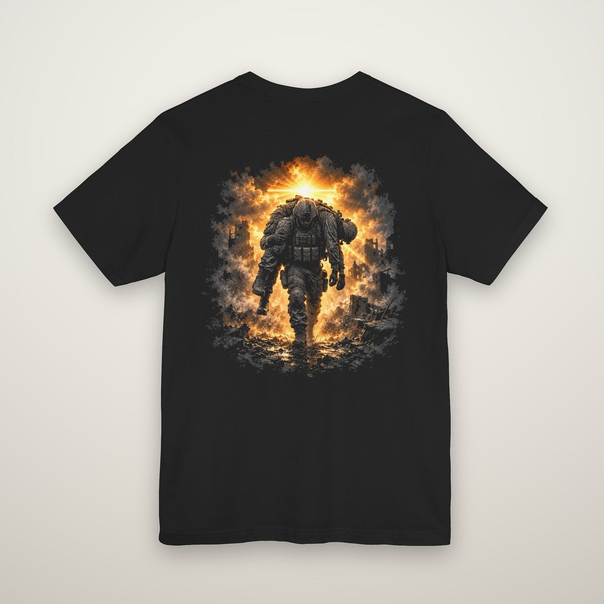Back print: a soldier carrying a wounded brother out of the smoke toward the light