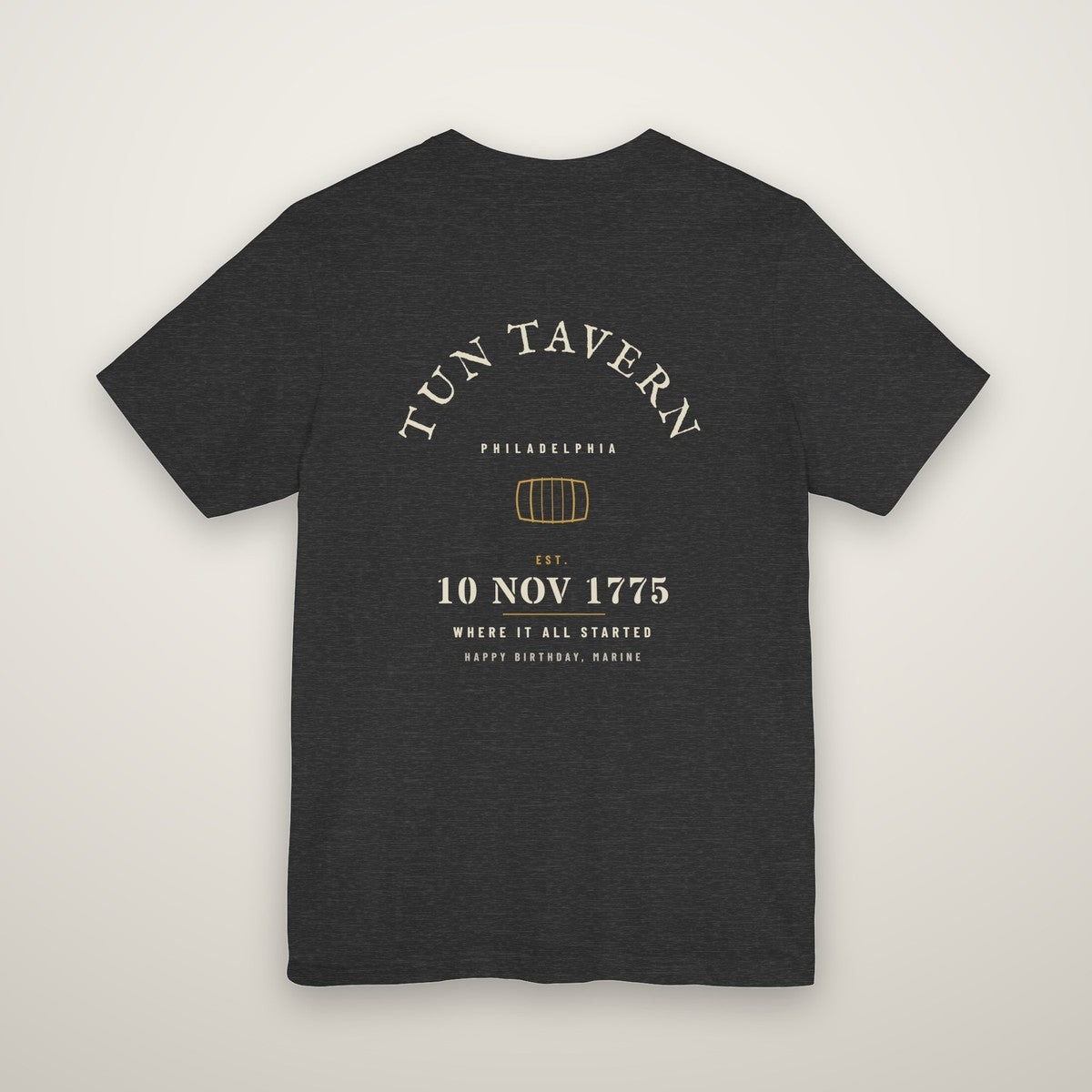 Back print: Tun Tavern, Philadelphia, est. 10 Nov 1775, where it all started
