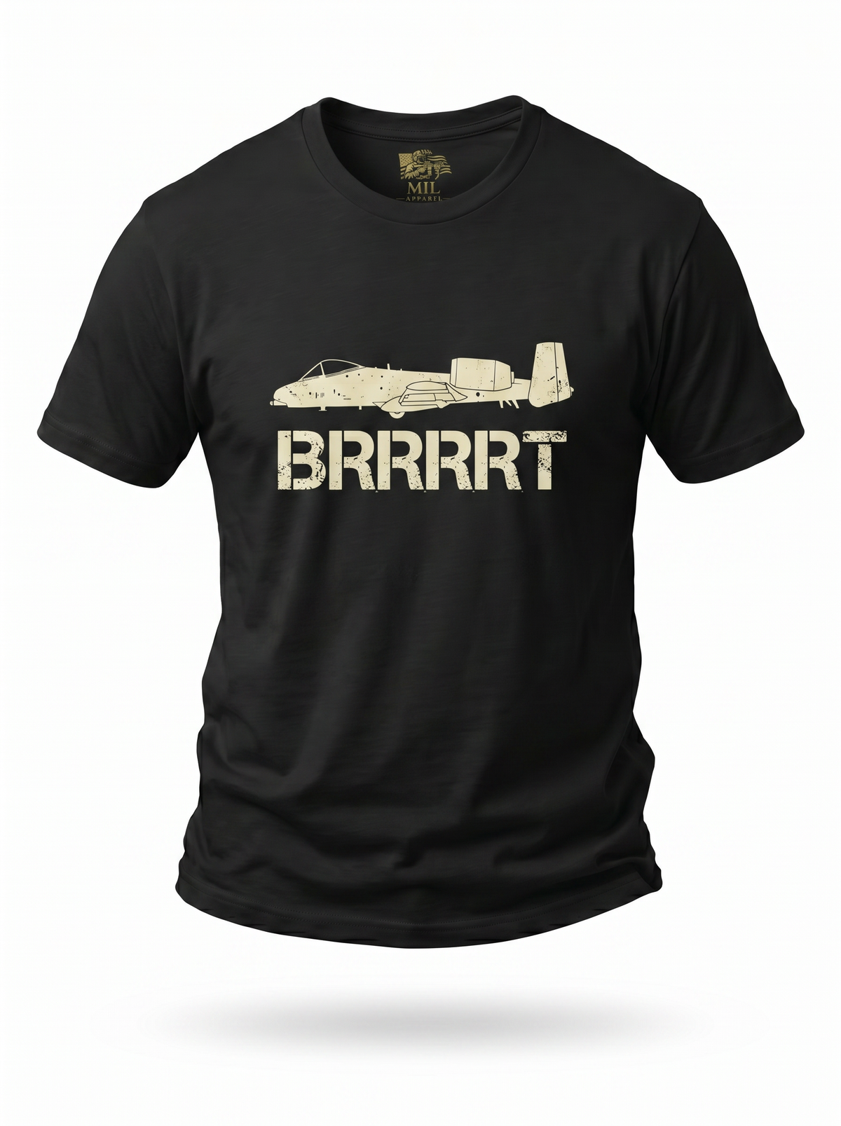 A-10 Warthog Tee black - ghost mannequin with gold Mil Apparel neck label