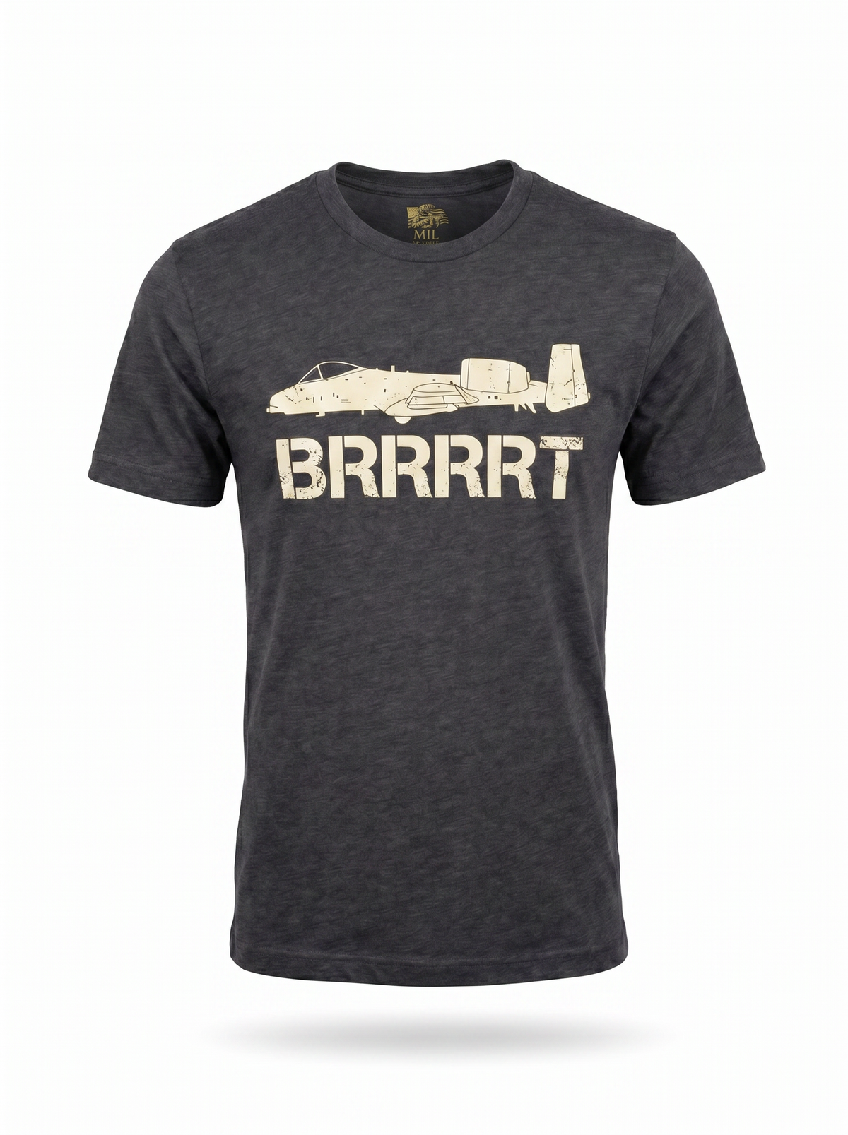 A-10 Warthog Tee dark grey - ghost mannequin with gold Mil Apparel neck label