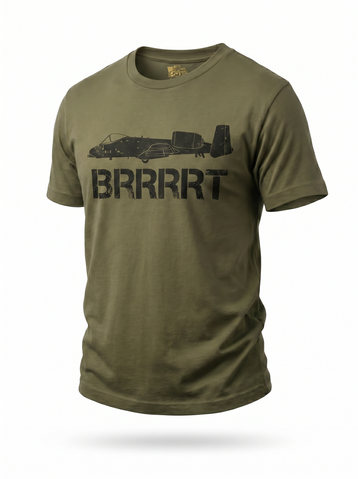 A-10 Warthog Tee green - ghost mannequin with gold Mil Apparel neck label