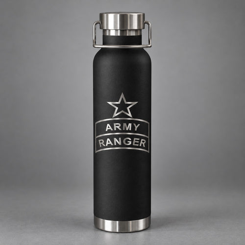 Army Ranger insulated water bottle, 22 oz matte black stainless steel with laser-engraved Ranger tab