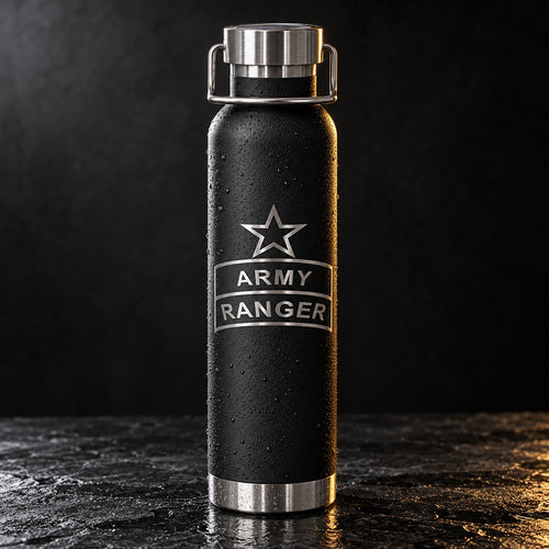 Army Ranger 22 oz insulated bottle on dark stone with cold condensation