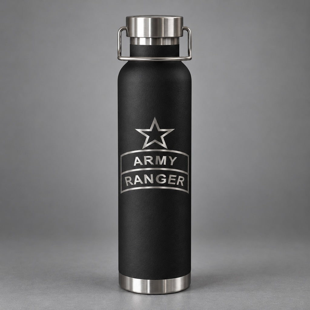Army Ranger insulated water bottle, 22 oz matte black stainless steel with laser-engraved Ranger tab