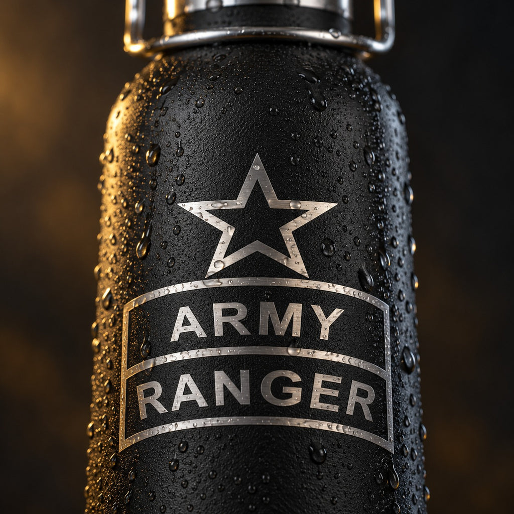 Close-up of the laser-engraved Army Ranger tab and star on the matte black bottle
