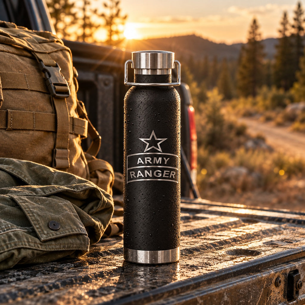 Army Ranger engraved water bottle on a truck tailgate at golden hour with field gear