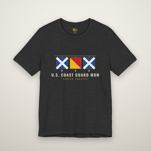 Coast Guard Mom tee with MOM in signal flags, Dark Grey Heather
