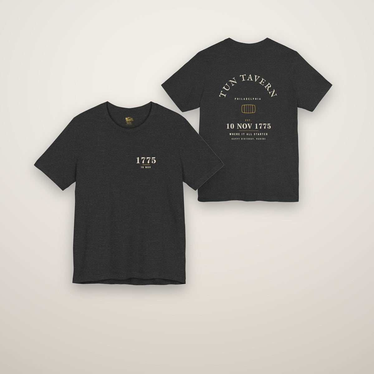 Marine Corps birthday Tun Tavern tee, front and back, Dark Grey Heather