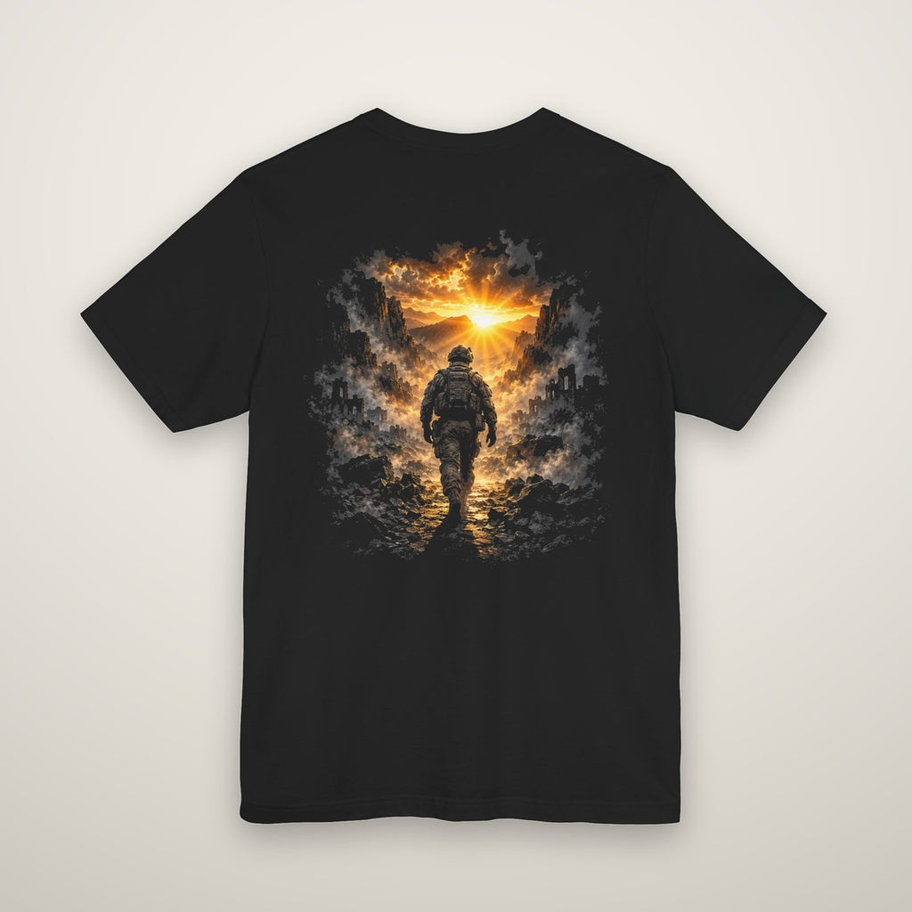 Back print: a lone soldier walking through a dark valley toward a golden sunrise
