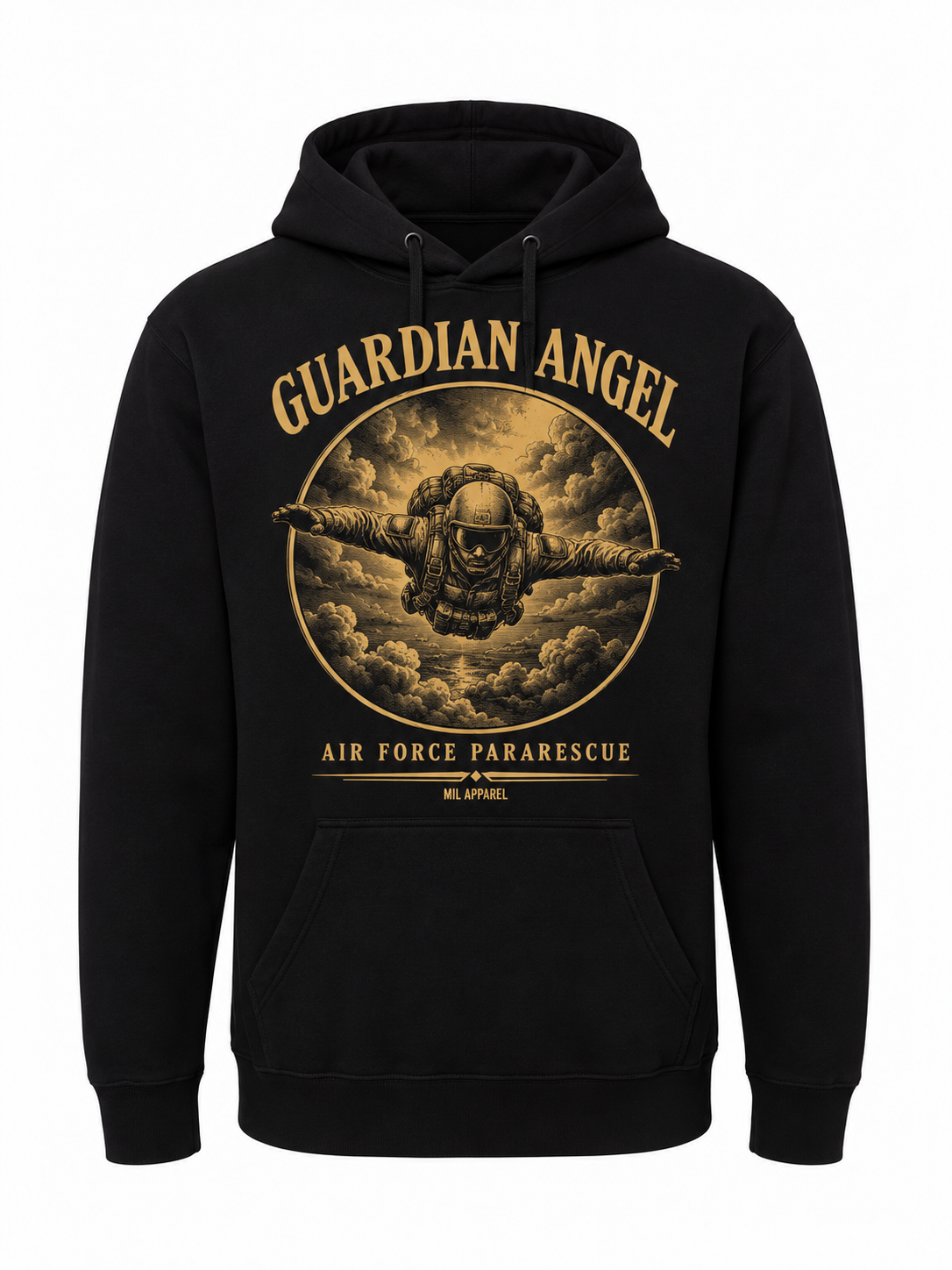 Guardian Angel Hoodie - Front - Black Air Force pararescue hoodie with gold freefall parachutist and GUARDIAN ANGEL print