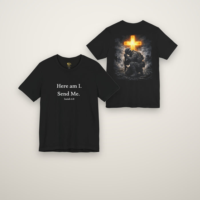 Here Am I "Send Me" Tee — Christian Warrior Isaiah 6:8 Faith T-Shirt
