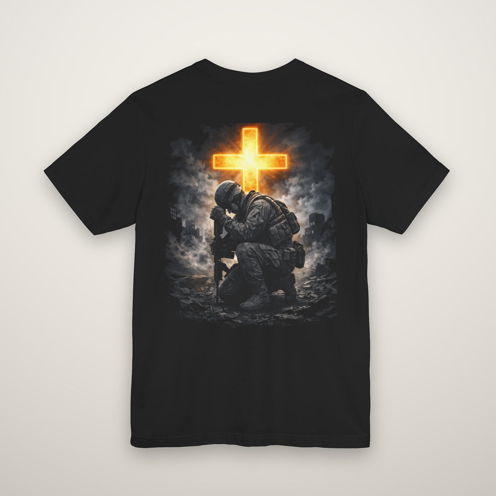 Here Am I Send Me tee in black, back: kneeling soldier beneath a glowing cross