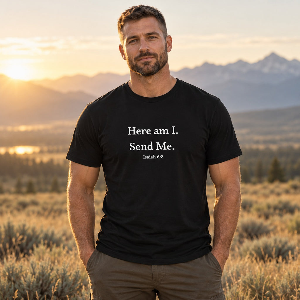 Man wearing the black Here Am I Send Me tee at sunrise in an open field