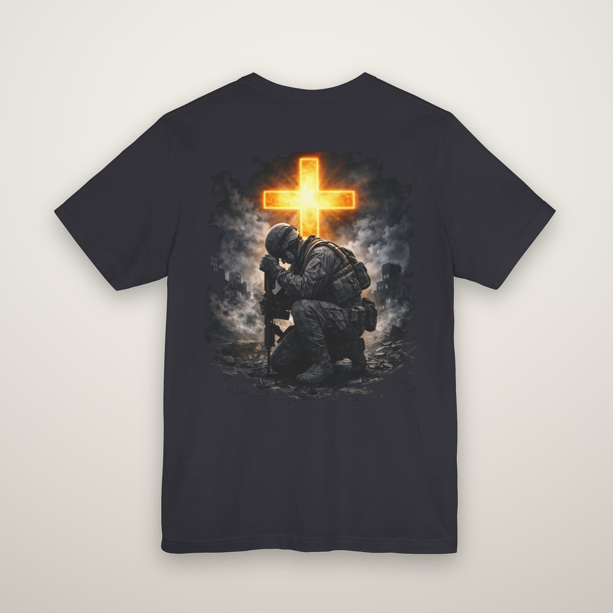 Here Am I Send Me tee in dark grey, back: kneeling soldier beneath a glowing cross