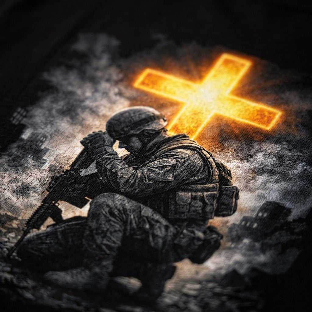 Here Am I Send Me tee, kneeling soldier and cross back print, close-up