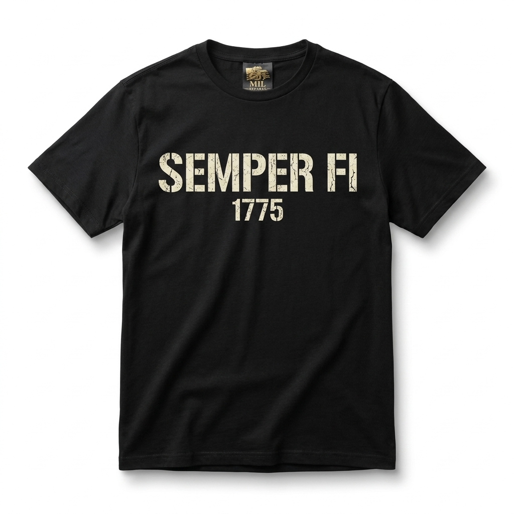 Semper Fi Tee — black premium cotton t-shirt with cream stencil typography