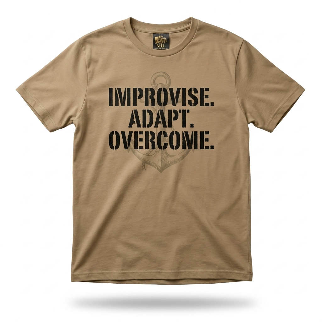 Improvise. Adapt. Overcome. Tee — coyote tan tee with stacked black stencil typography
