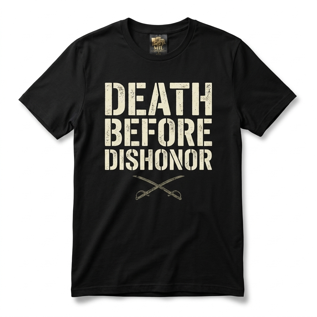 Death Before Dishonor Tee — black tee with bold cream tactical typography