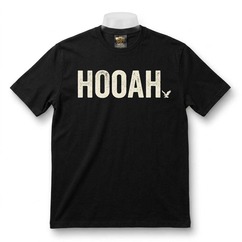 Hooah Tee — black tee with bold cream HOOAH stencil typography