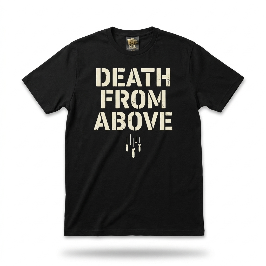 Death from Above Tee — black tee with bold cream military stencil typography