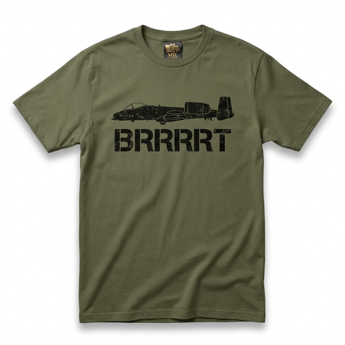A-10 Warthog Tee — olive drab green tee with black A-10 silhouette and BRRRRT stencil