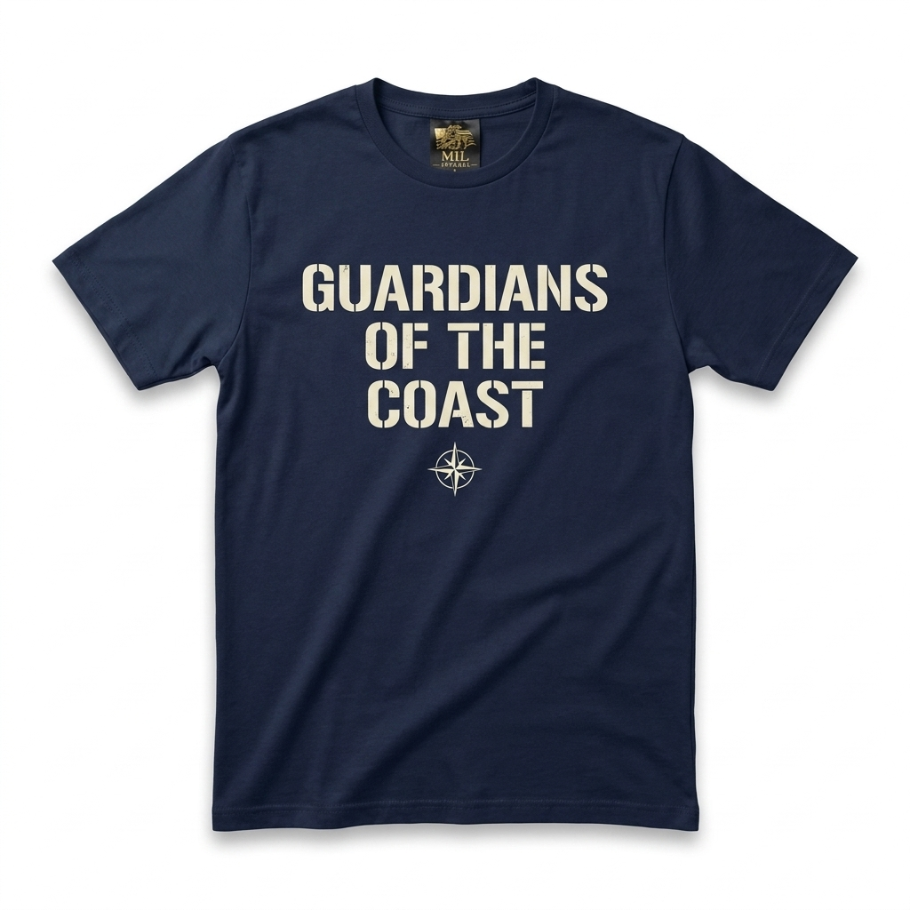 Guardians of the Coast Tee — navy blue tee with stacked cream stencil typography
