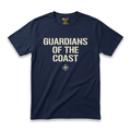 Guardians of the Coast Tee — navy blue tee with stacked cream stencil typography