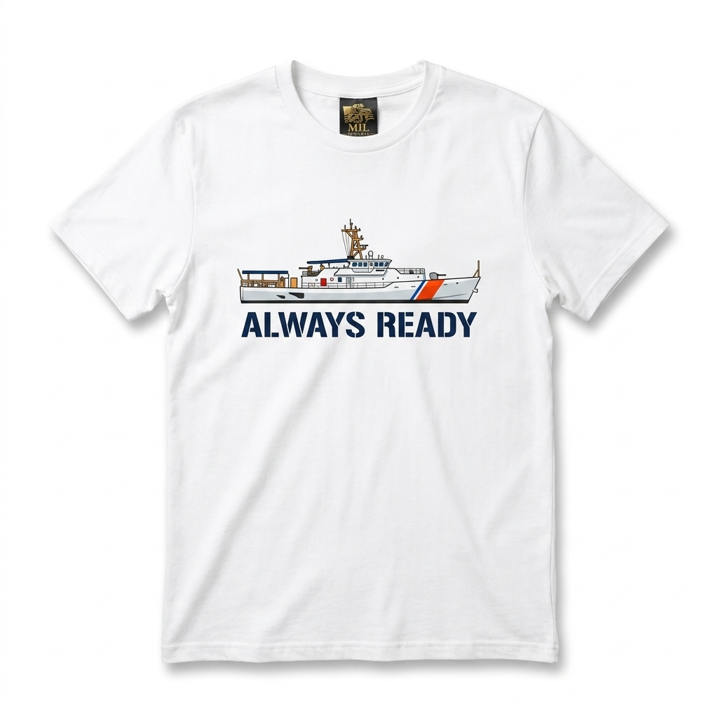 Coast Guard Cutter Tee — white tee with full-color Coast Guard cutter racing stripe illustration