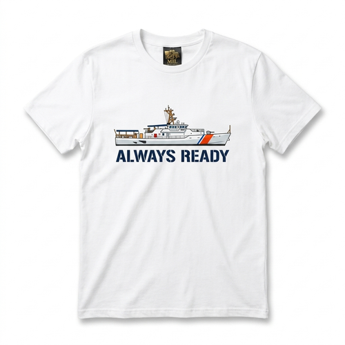Coast Guard Cutter Tee — white tee with full-color Coast Guard cutter racing stripe illustration