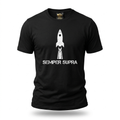 Space Force Rocket Launch Tee — black tee with white rocket silhouette and SEMPER SUPRA text