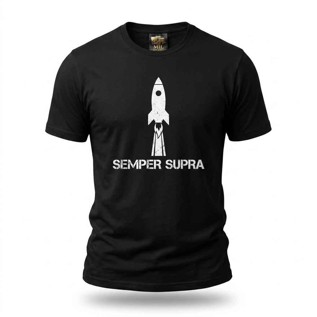 Space Force Rocket Launch Tee — black tee with white rocket silhouette and SEMPER SUPRA text