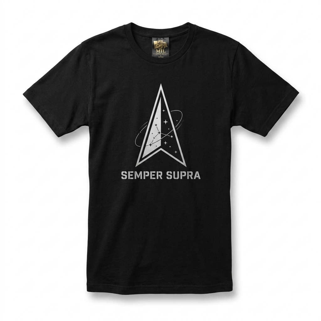 Space Force Delta Tee — black tee with stylized silver delta and SEMPER SUPRA typography