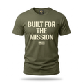 Built for the Mission Tee — olive drab green tee with stacked cream stencil typography