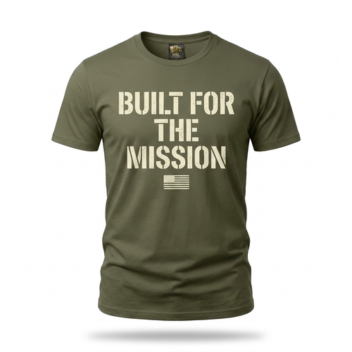 Built for the Mission Tee — olive drab green tee with stacked cream stencil typography