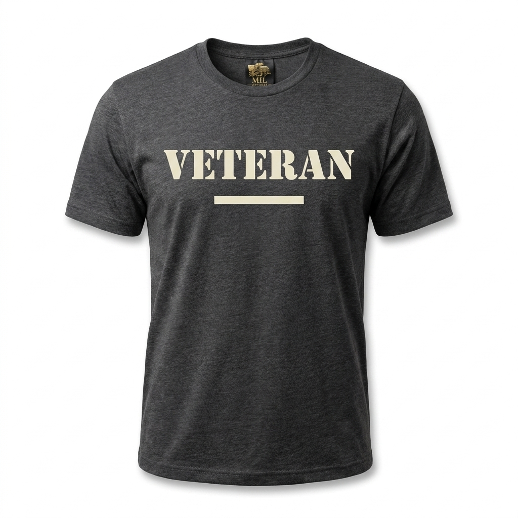 Veteran Tee — charcoal heather grey tee with single cream VETERAN typography