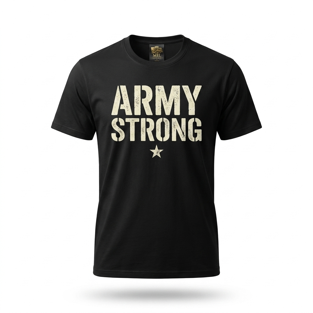 Army Strong Tee — black premium cotton t-shirt with cream stencil typography