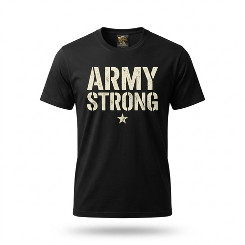 Army Strong Tee — black premium cotton t-shirt with cream stencil typography