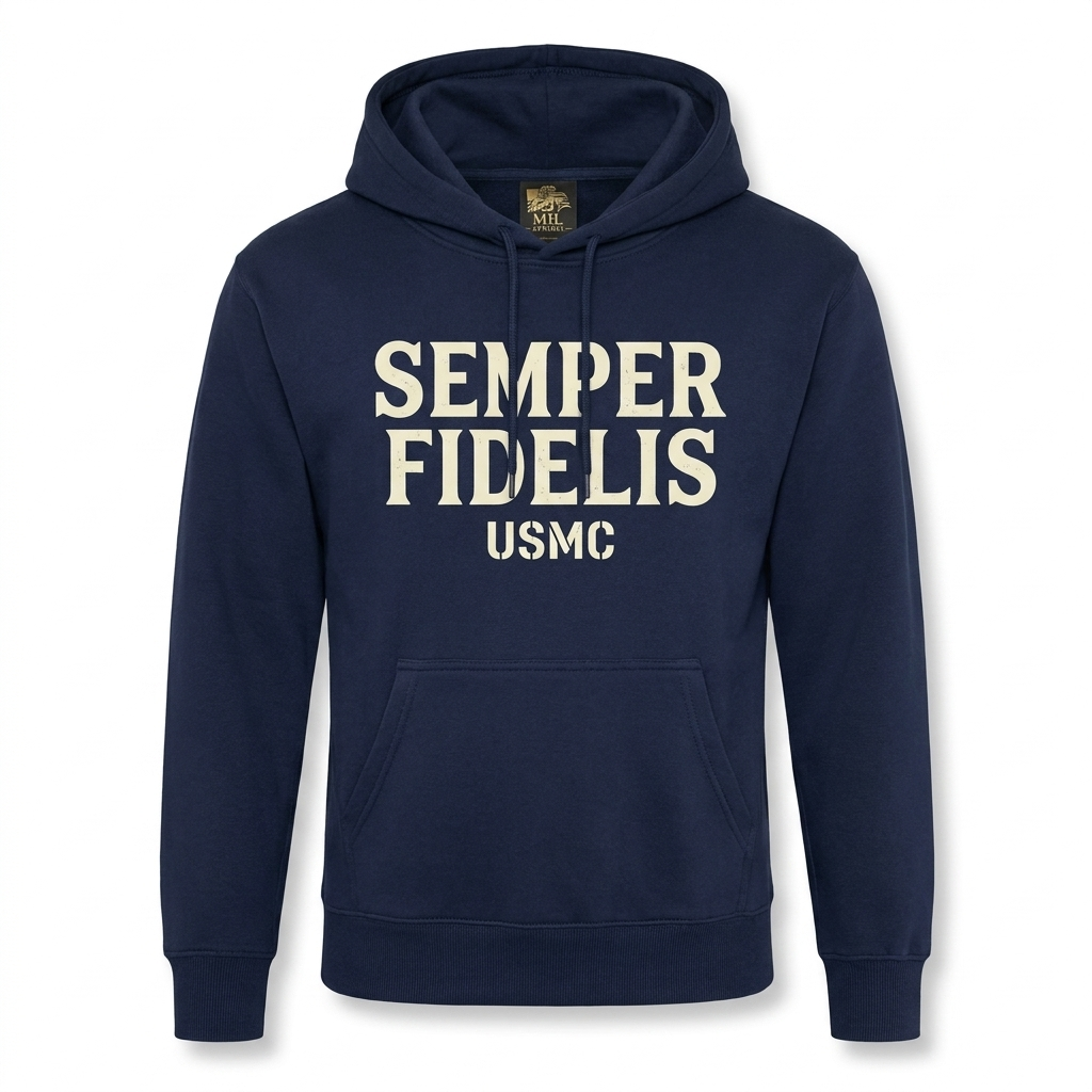 USMC Semper Fi Hoodie — navy blue heavyweight pullover with cream Semper Fidelis typography