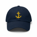 Navy Anchor Baseball Cap — navy six-panel adjustable cap with gold embroidered fouled anchor