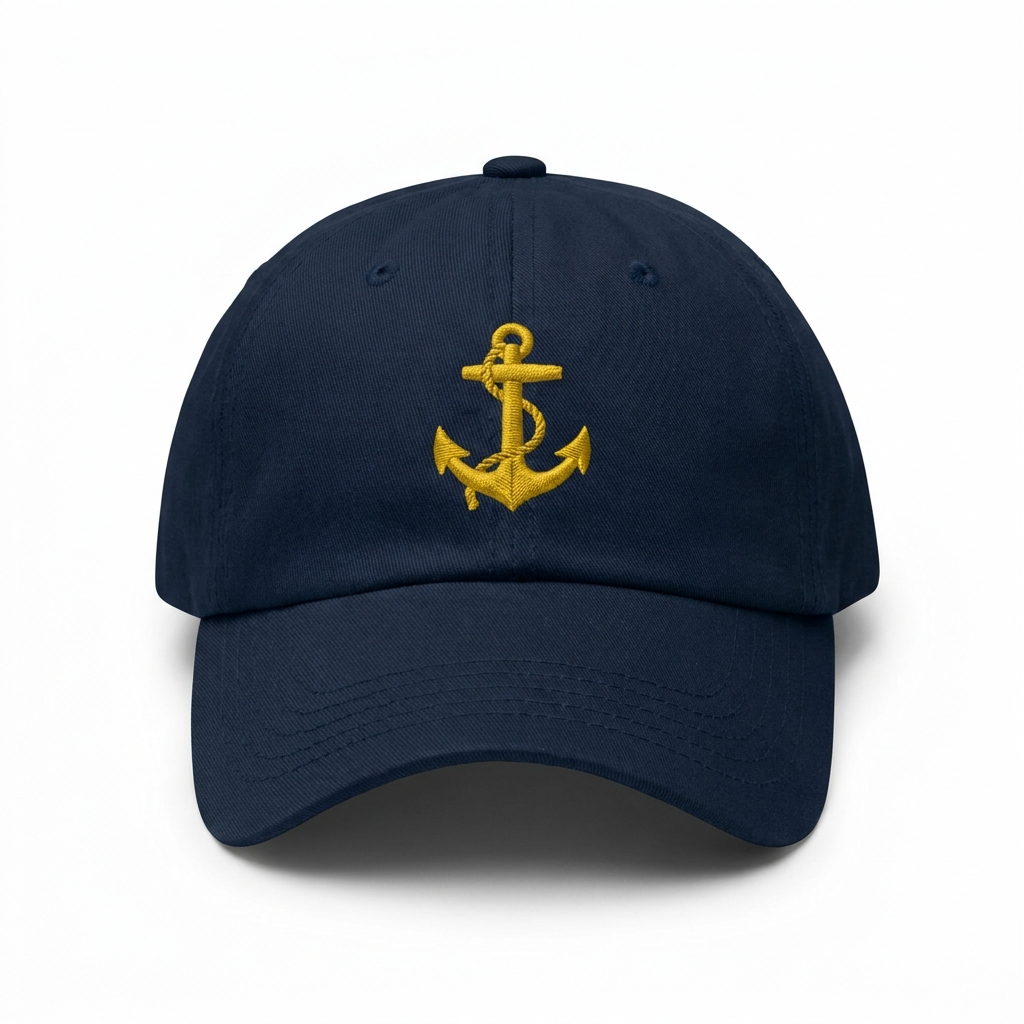 Navy Anchor Baseball Cap — navy six-panel adjustable cap with gold embroidered fouled anchor