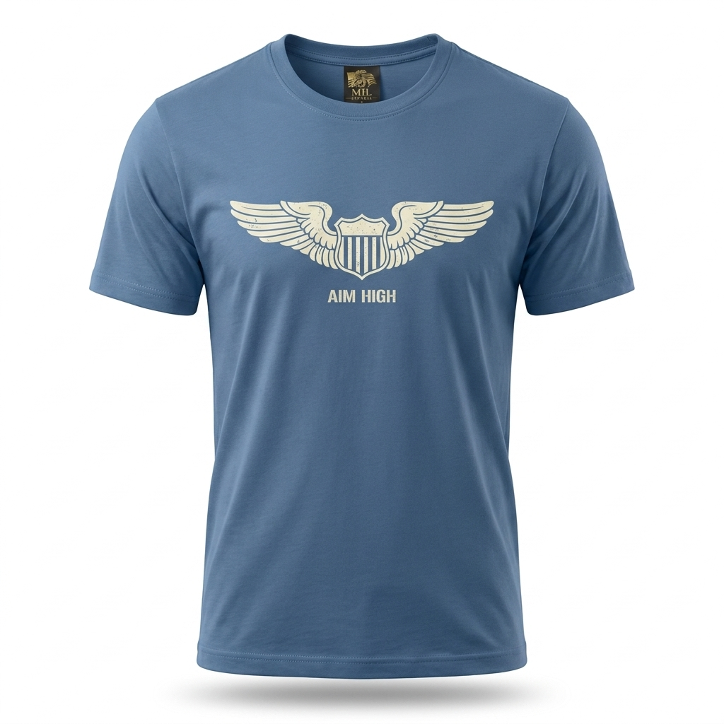 Air Force Wings Tee — Air Force blue tee with stylized cream aviator pilot wings
