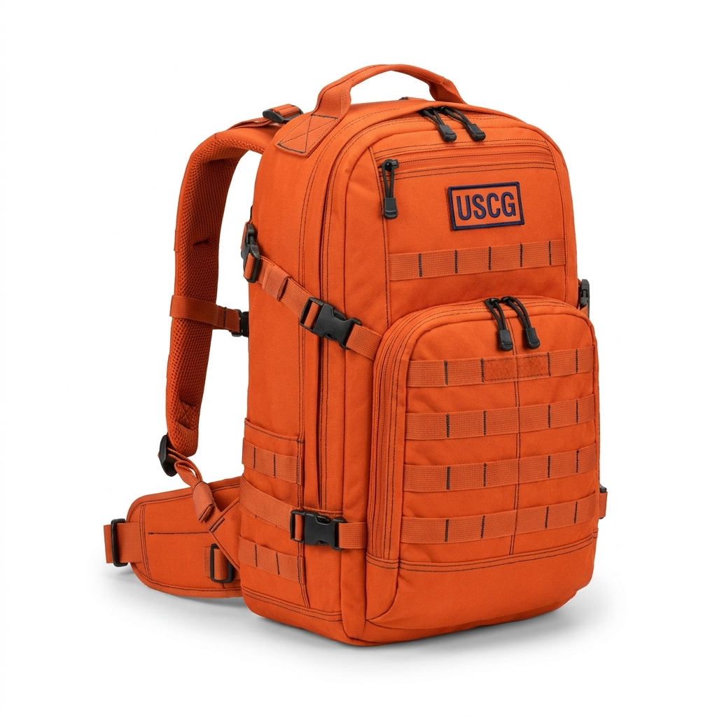 Coast Guard Tactical Backpack — orange MOLLE pack with multiple compartments and padded straps