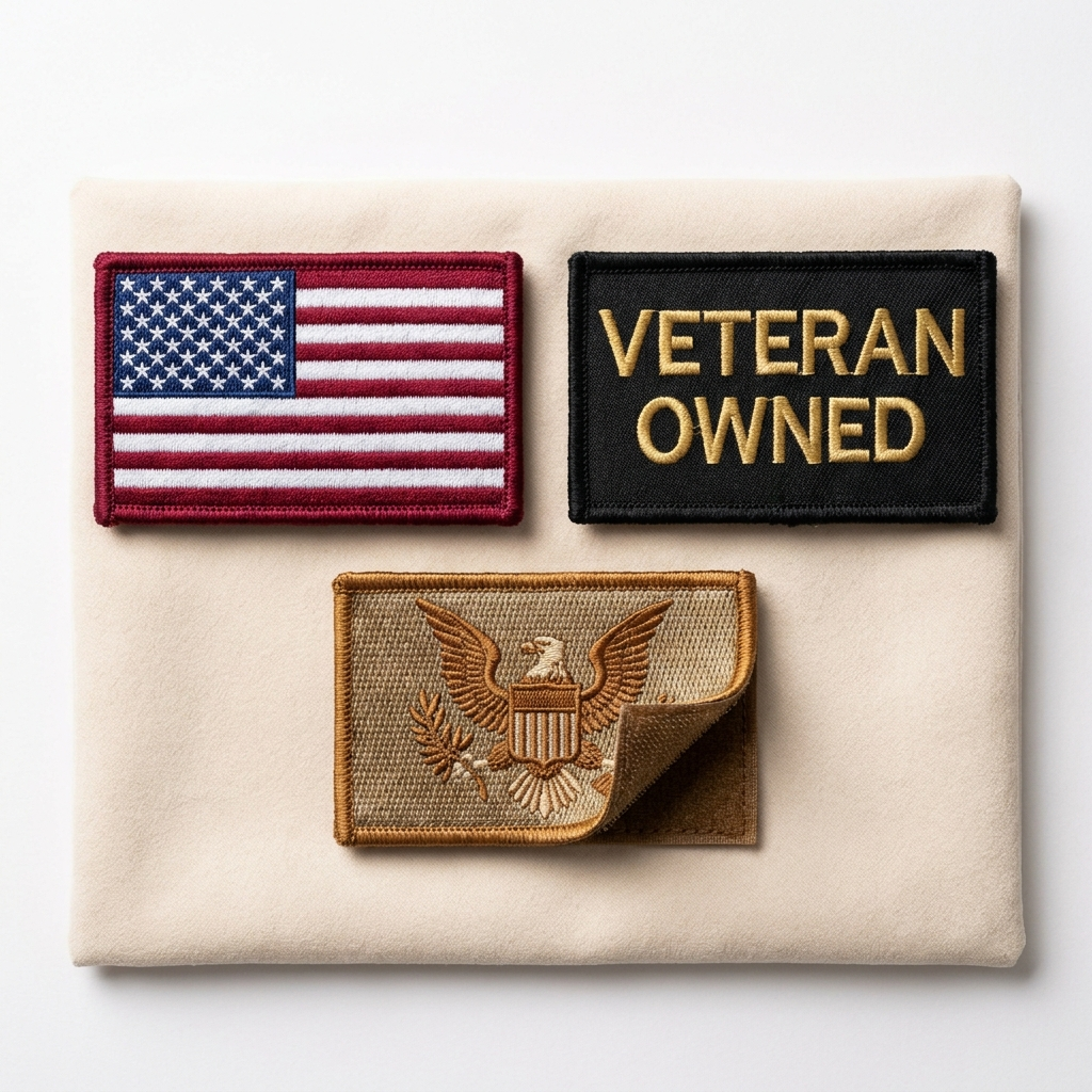 Veteran Owned Patch Set — three embroidered morale patches with hook-and-loop backing