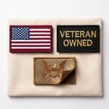 Veteran Owned Patch Set — three embroidered morale patches with hook-and-loop backing