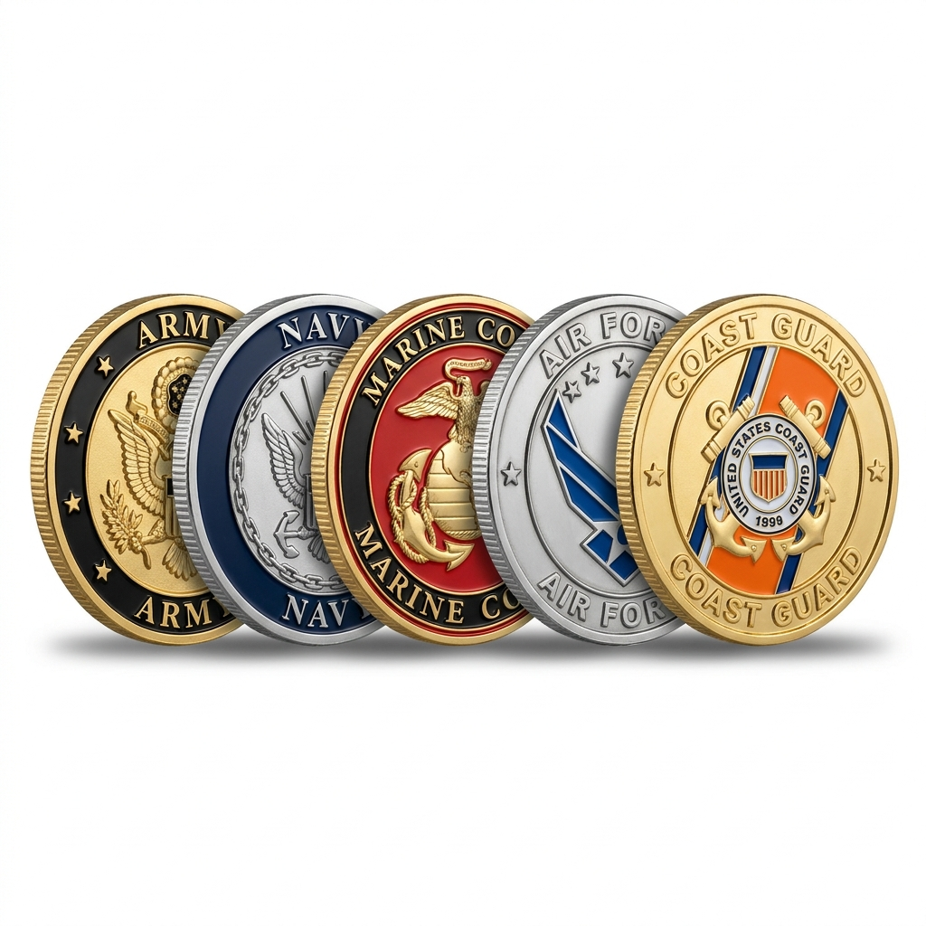 Military Branch Challenge Coin Set — five branch coins arranged in fan layout
