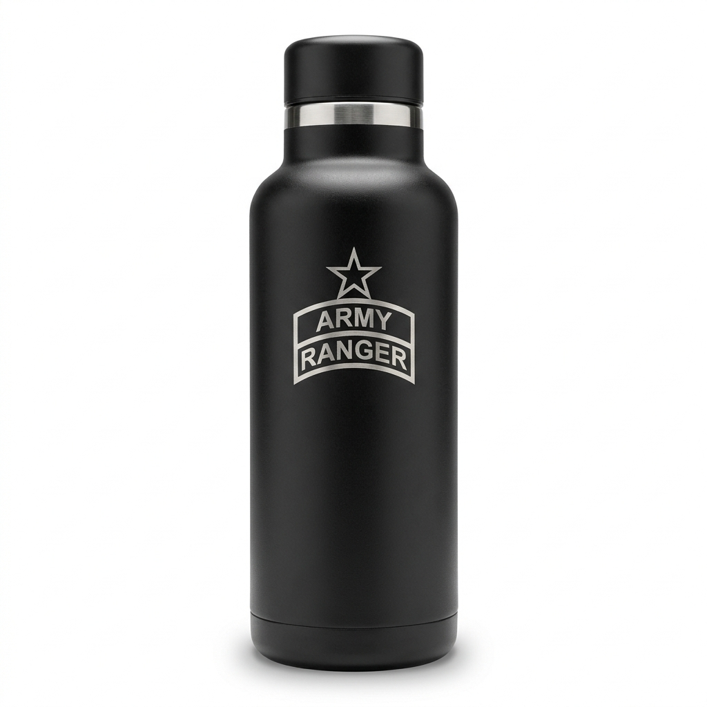 Army Ranger Water Bottle — black matte stainless steel insulated bottle with engraved Ranger Tab